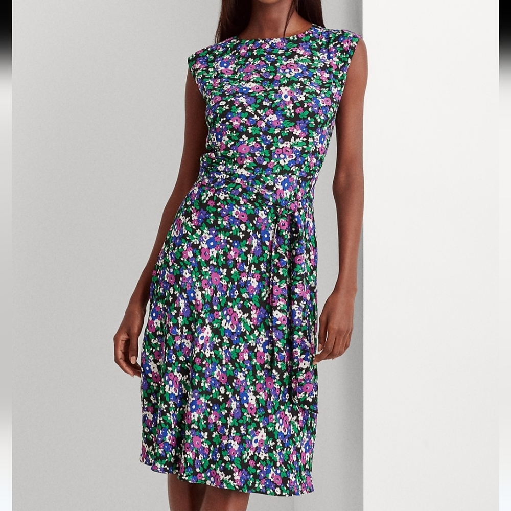 Lauren Ralph Lauren Black Floral Georgette Midi A Line Dress Size 12 feminine